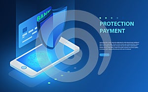 Finance data protection, smartphone with credit card and shield isometric vector illustration