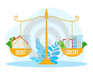 Finance debit credit at business scales, vector illustration. Economy balance with money, property and cash dollar