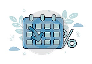 Finance. Debt restructuring. Calendar with arrow and percent sign, inscription Debt restructuring. Vector illustration