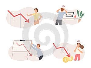 Finance decrease and crisis graph. Male and female characters analyzing market, business bankruptcy, falling trends