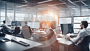 finance department analyzing data on multiple screens in a high-tech office