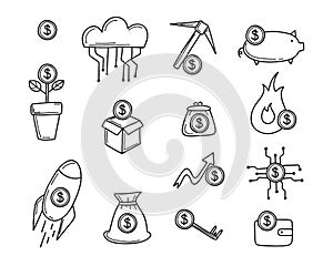 Finance doodle icon set. Business line symbols. Dollar sign, outline coins, exchange and groth wallet, investment and banking,