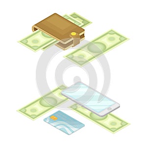 Finance and economy. Money, wallet and credit card. Financial planning, accounting vector illustration