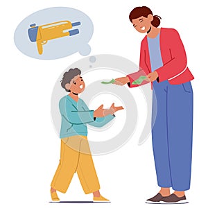 Finance Education Concept With Young Boy Character Approaches His Mom, Eyes Sparkling With Hope, Vector Illustration