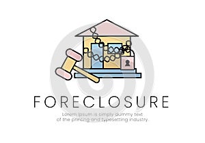 Finance. Foreclosure. House logo in chains with padlock and hammer next to it, with foreclosure lettering. Vector illustration