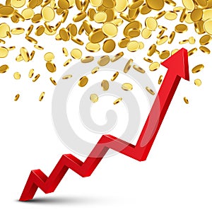 Finance growth chart arrow with gold coins on a transparent background.