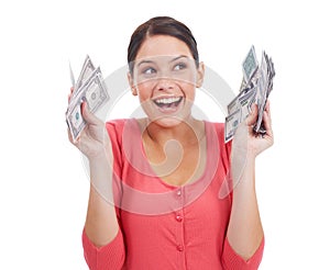Finance, happy and deal with woman and money for investment, success and growth. Cash, dollar and wow with face of girl