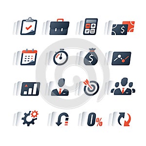 Finance icon set, business loan, company revenue report, analytics infographic, market growth, annual payment, corporate expense