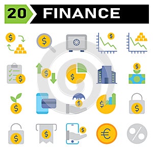 Finance icon set include conversion, exchange, currency, money, gold, search, magnifier, dollar, investment, bank, safe, security