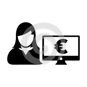 Finance icon vector female user person profile avatar with computer monitor and euro sign currency money symbol for banking