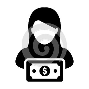 Finance icon vector female user person profile avatar with dollar sign currency money symbol for banking and business