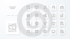 Finance icons collection with black outline style. money, payment, banking, dollar, financial, investment, deposit. Vector
