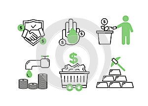 Finance icons. Financial services icons set. Icons of resource financing, trust services. A silhouette of a man watered a plant in