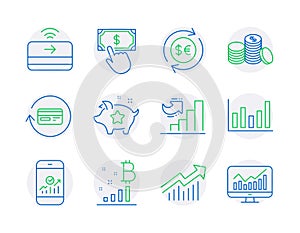 Finance icons set. Included icon as Money currency, Column chart, Loyalty points signs. Vector