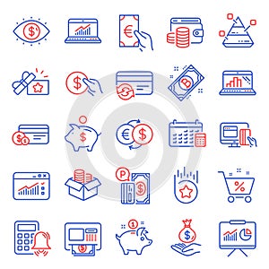 Finance icons set. Included icon as Web traffic, Money box, Change card. Vector