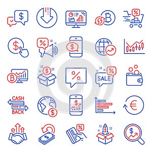 Finance icons set. Included icon as World statistics, Discounts bubble, Buy currency. Vector