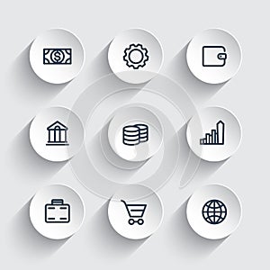 Finance icons, wallet, money, income, savings, banking, commerce, thick line icons on round 3d shapes