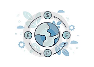 Finance illustration. International Currency Exchange. Graphic symbols of world currencies with insoles around the planet, on the