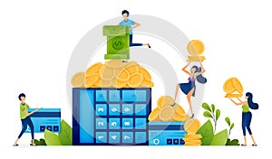 Finance illustration of people calculate with calculators the piles of money and credit card debt they accrue from consumption.