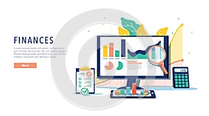 Finance and innovative mobile technology concept. Isometric vector of financial apps and services on laptop and modern