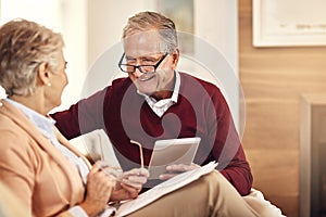 Finance, insurance and tablet with an old couple in their home for retirement or pension planning. Accounting, money or