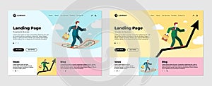 Finance investment concept landing page template set. Businessman with diplomat briefcase flies standing on money