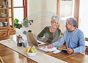 Finance, laptop and happy senior couple with bills, paperwork and documents for life insurance. Retirement, pension and