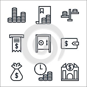 Finance line icons. linear set. quality vector line set such as bank, time is money, money bag, wallet, deposit, receipt, balance