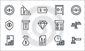 Finance line icons. linear set. quality vector line set such as law, agreement, bill, time is money, money bag, protection,