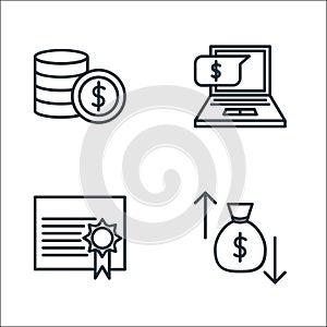 finance line icons. linear set. quality vector line set such as money bag, certificate, online banking