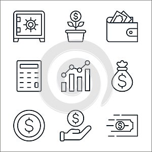 finance line icons. linear set. quality vector line set such as money transfer, money, coin, money bag, graph, calculator, wallet