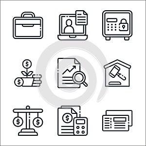 finance line icons. linear set. quality vector line set such as cheque, budget, balance, auction, analytics, investment, safe box photo
