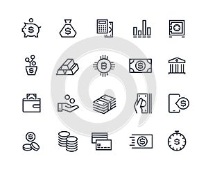 Finance line icons. Money business account, currency management finance audition money calculating. Business investment