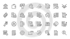 Finance loan line icons set. Cash, purse, atm, transaction, handshake, agreement, interest rate, schedule, mortgage