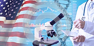 Finance. Medicine and healthcare concept on business background.USA flag. 3d illustration