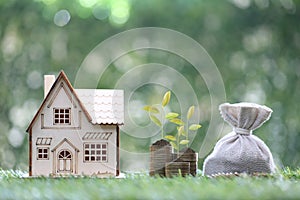Finance, Model house with money bag on natural green background,Business investment and Save money for prepare in future concept