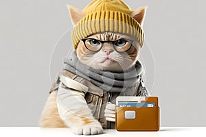 Finance, money, business concept. Stylish cat and his wallet with credit cards. Generative AI