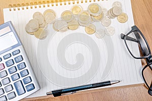 A finance Money, calculator notes, calculator top view with copy