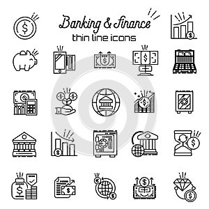 Finance and money icon. Banking, business thin line icons set. Vector