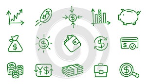 Finance and money icons set. Editable outline stroke. Vector line.