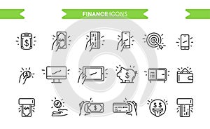 Finance, money icons set isolated. Line art. Editable. Signs and symbols. Modern simple style. Phone, monitor, target, coin,