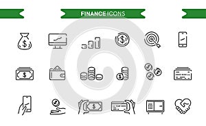 Finance, money icons set isolated. Line art. Editable. Signs and symbols. Modern simple style. Phone, monitor, target, coin,
