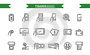 Finance, money icons set isolated. Line art. Editable. Signs and symbols. Modern simple style. Phone, monitor, target, coin,