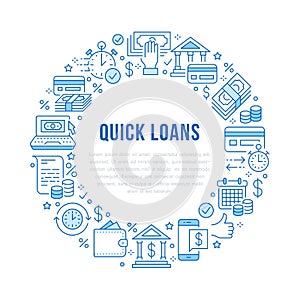 Finance, money loan circle template flat line icons. Quick credit approval, currency transaction, no commission, cash