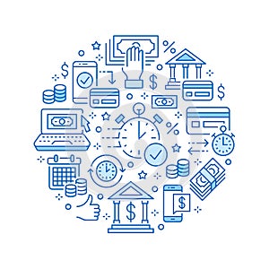 Finance, money loan circle template flat line icons. Quick credit approval, currency transaction, no commission, cash