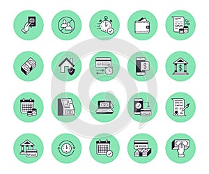 Finance, money loan flat line icons set. Quick credit approval, currency transaction, no commission, cash deposit atm