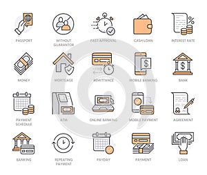 Finance, money loan flat line icons set. Quick credit approval, currency transaction, no commission, cash deposit atm