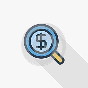 Finance and money, magnifying glass with dollar symbol, bank investment search thin line flat icon. Linear vector
