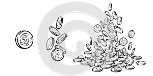 Finance, money set. Sketch of falling gold coins in different positions, pile of cash, stack of money. Hand drawn