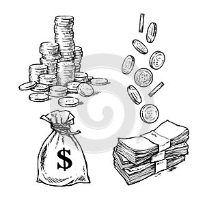 Finance, money set. Sketch of stack of coins, paper money, sack of dollars falling coins in different positions. Black photo